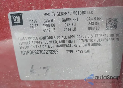 2012 Chevrolet Cruze 2Lt из США, поврежденный, VIN 1G1PG5SC7C7273262